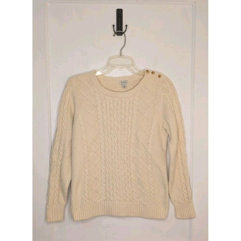 LL Bean Womens Beige Cotton Cable Knit Shoulder Button Sweater M Reg 280394
